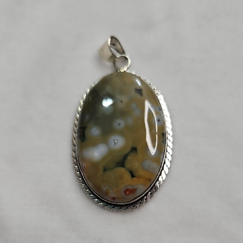 Big Ocean Jasper Natural Gemstone Necklace Pendant 925 Sterling Silver Plated